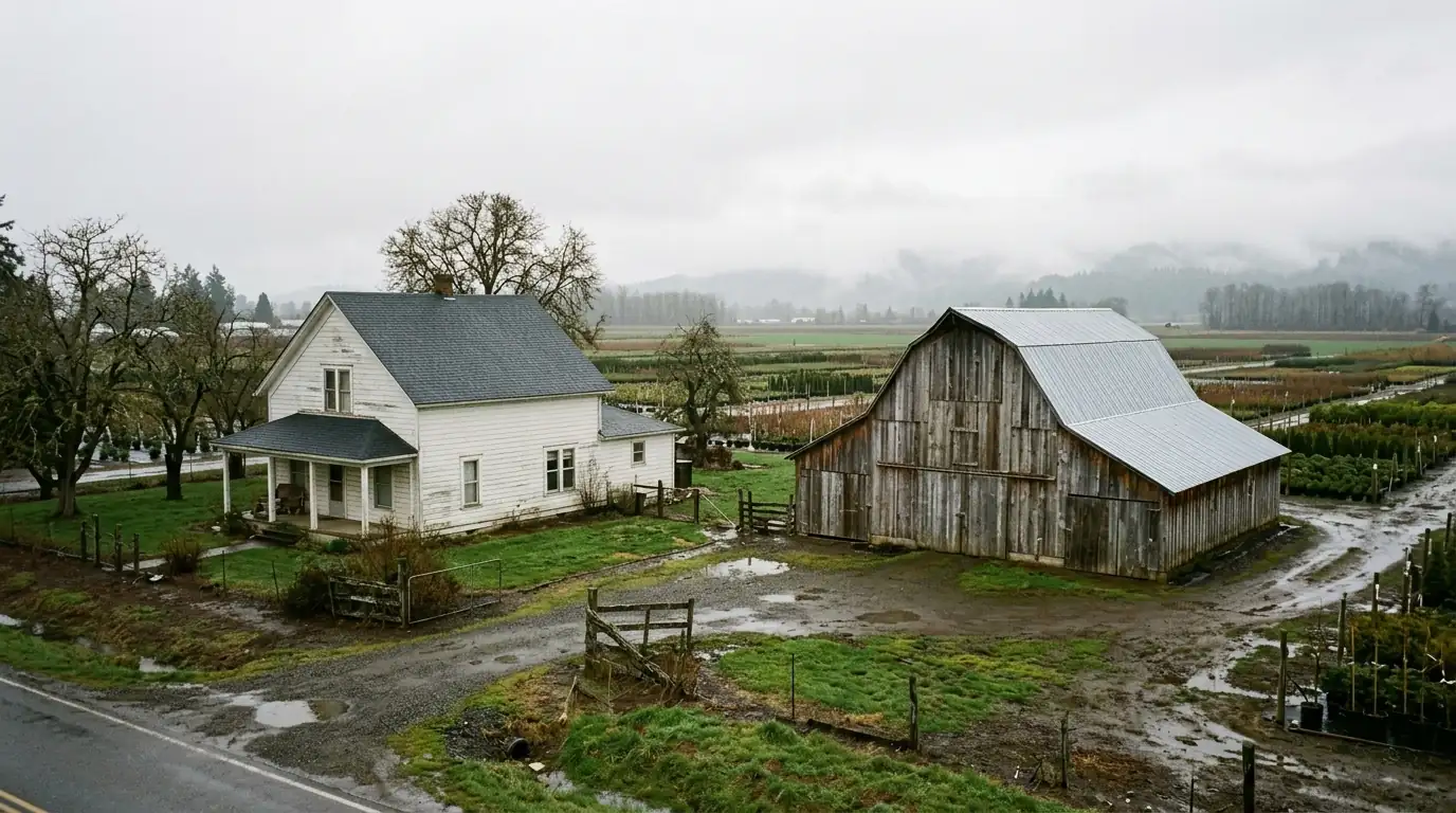 Older farmhouse with a new shingle roof beside a weathered barn