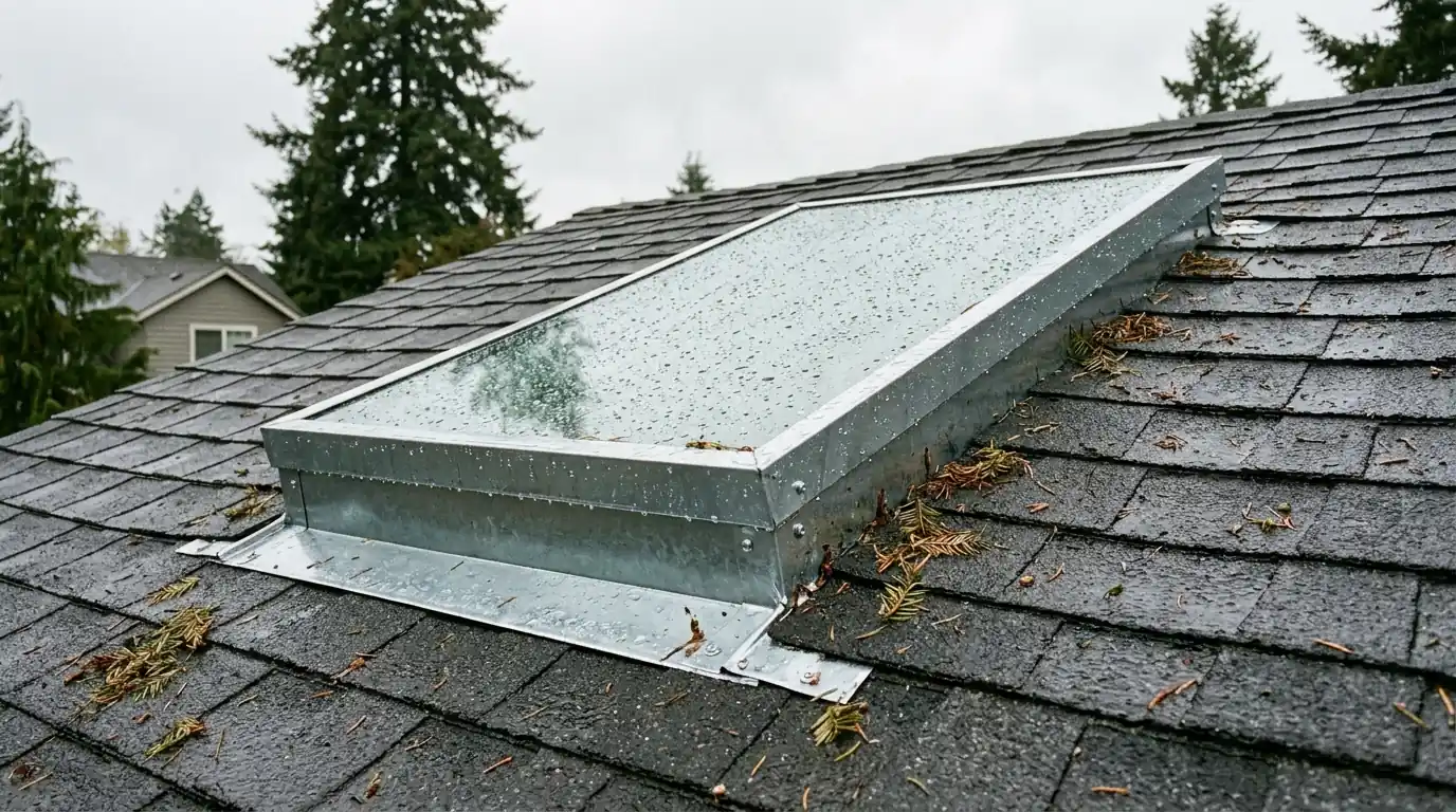 Rooftop skylight surrounded by new flashing on a wet shingle roof