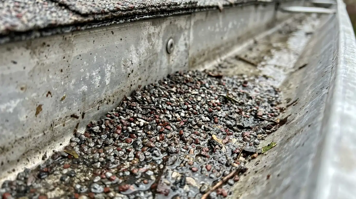 Shingle granules collected in a gutter