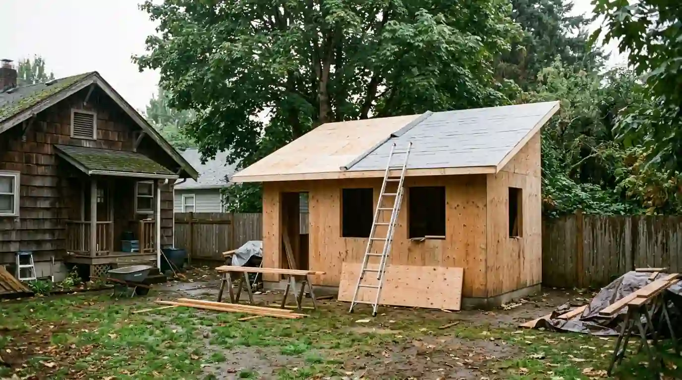 Roofers installing underlayment on a new backyard ADU behind an older home