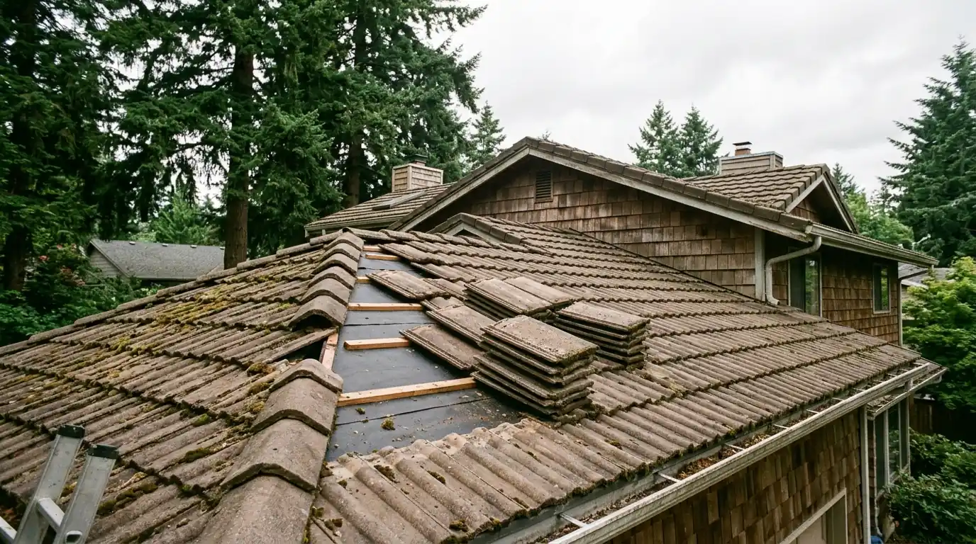 Brown concrete tile roof with some tiles lifted for underlayment replacement