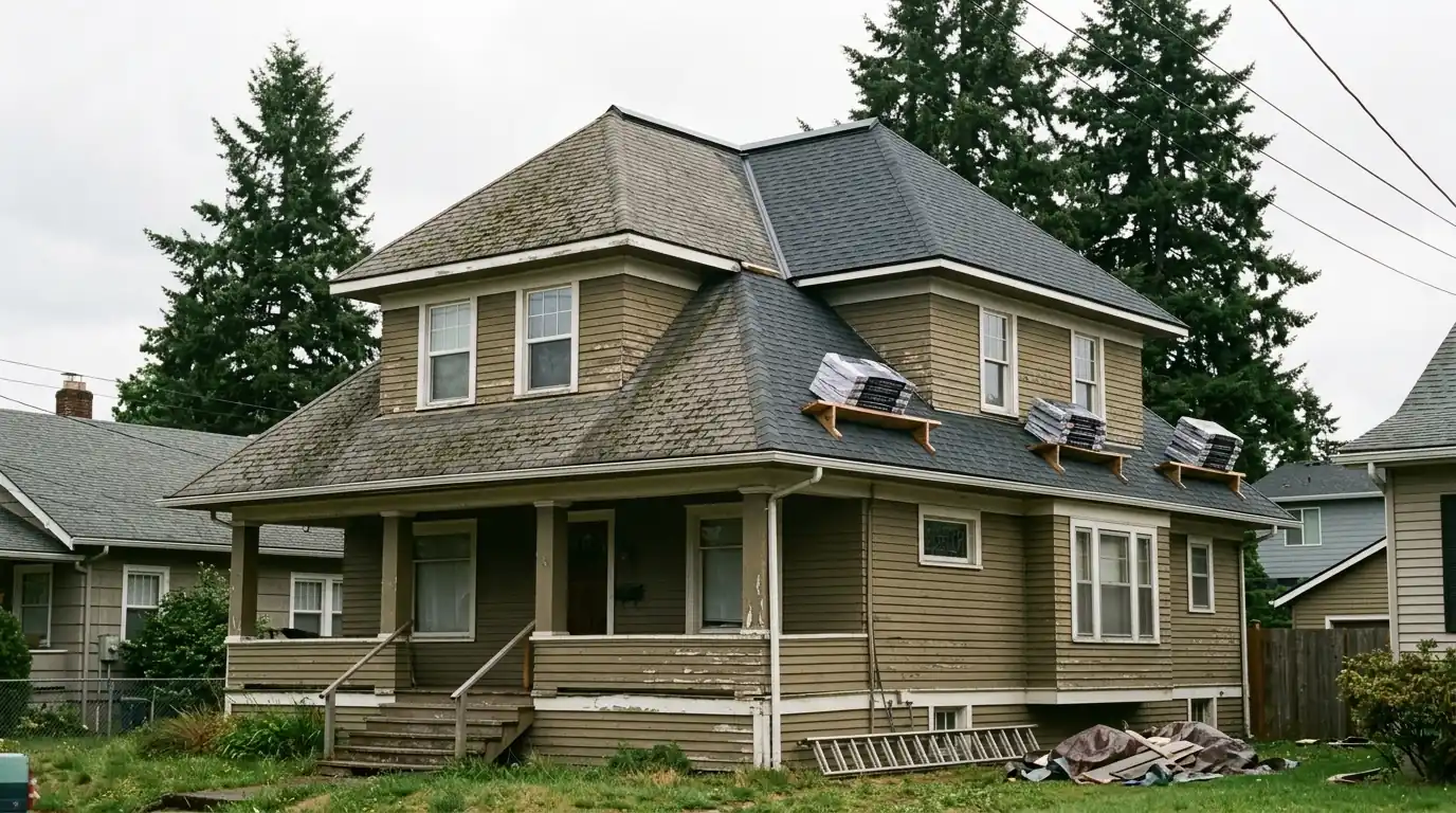 Old Portland style home in North Portland getting a new roof with ridge vent