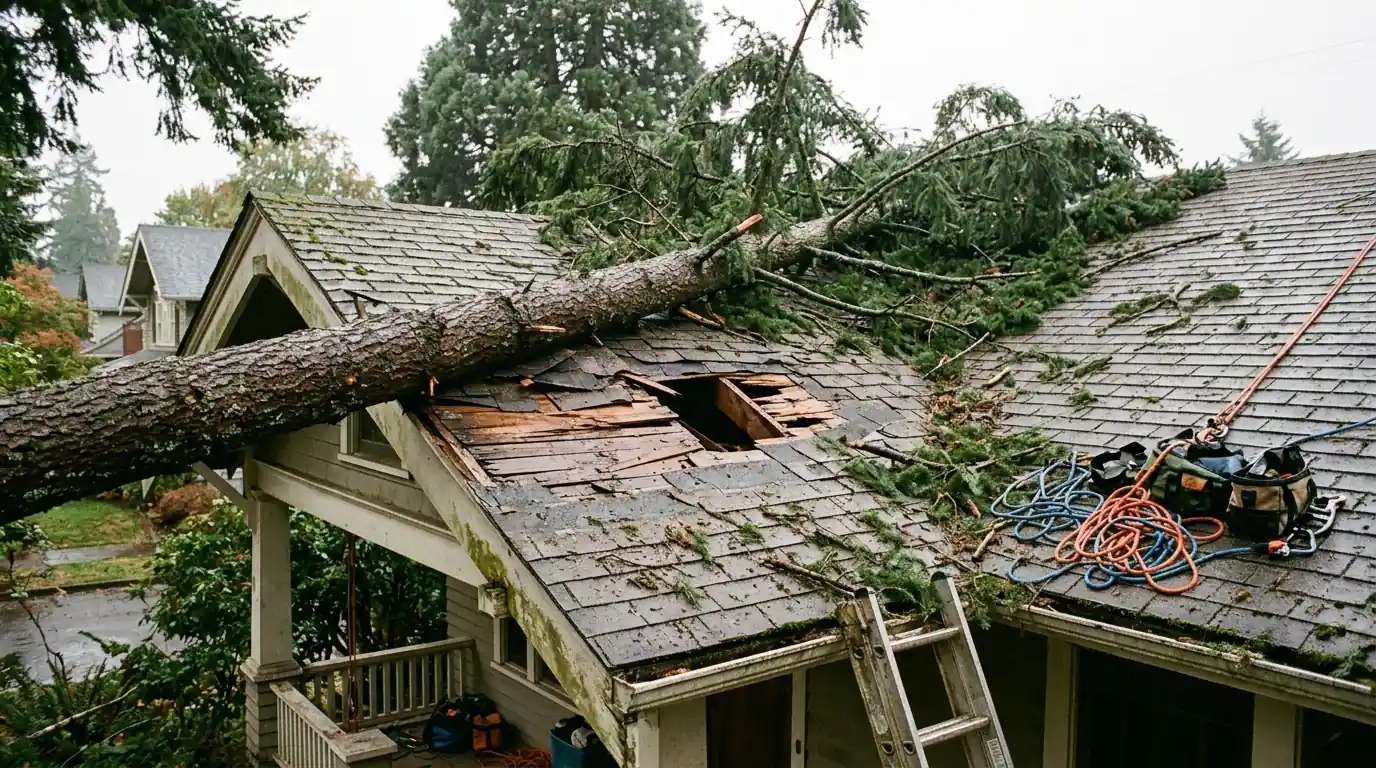 Large fir limb resting on a broken section of house roof