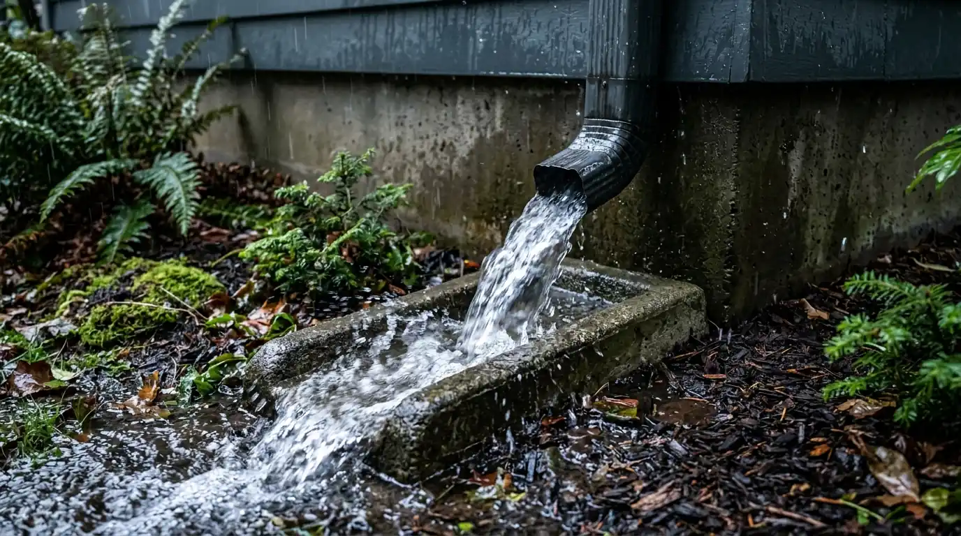 Downspout pouring water during heavy rain
