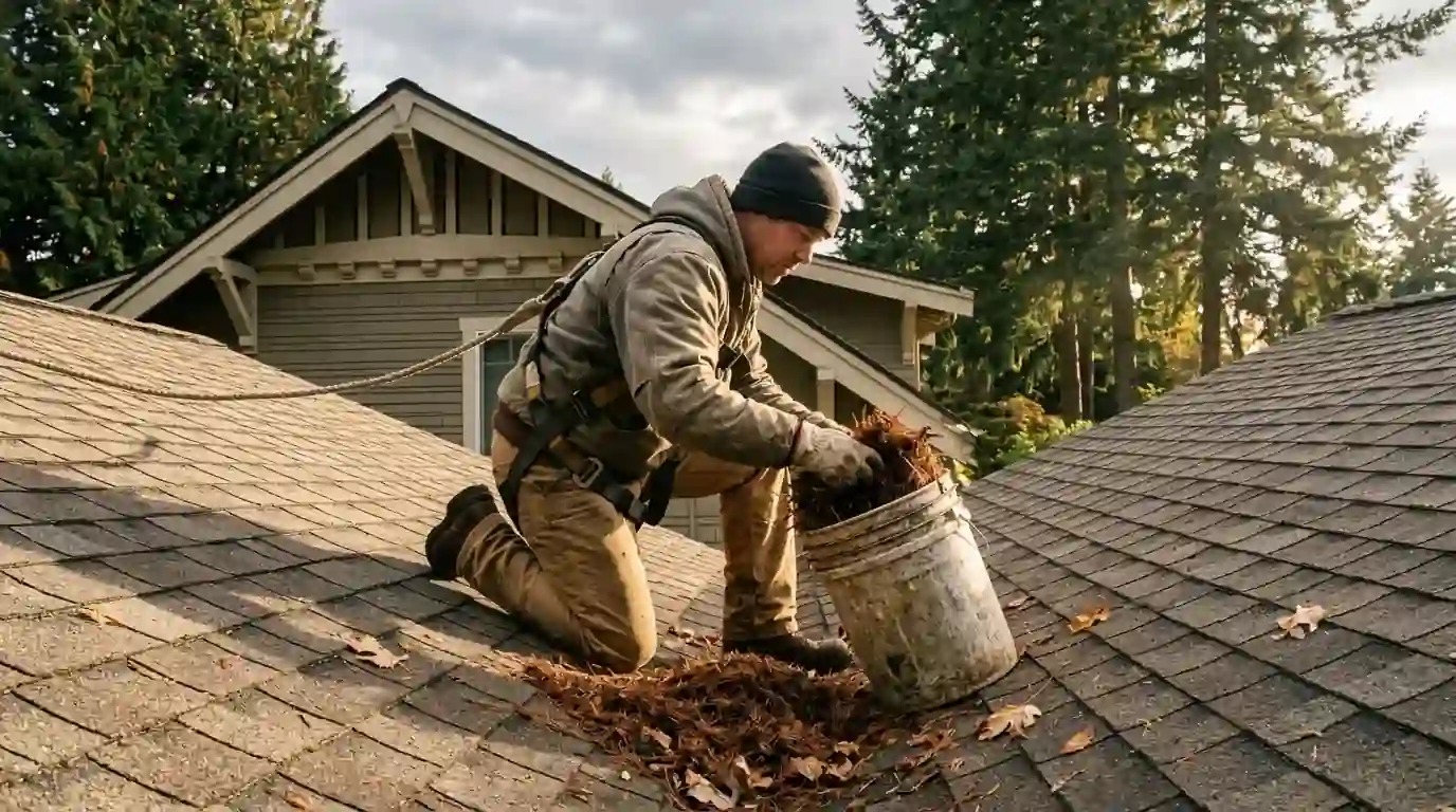 Roofer clearing fir needles from a roof valley on a Portland home in early fall
