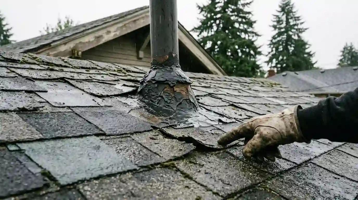 Roofer inspecting worn curled shingles and patched flashing on a rainy Portland roof