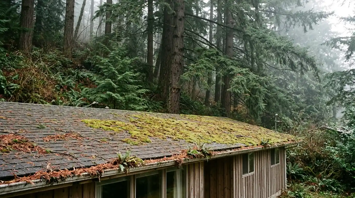 Mid-century ranch roof with moss under tall Douglas firs on a hillside