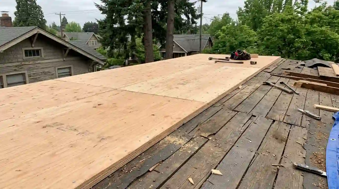 New plywood beside old plank roof decking