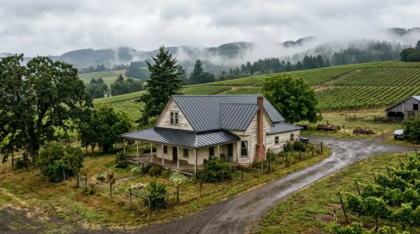 Farmhouse with a new metal roof in wine country