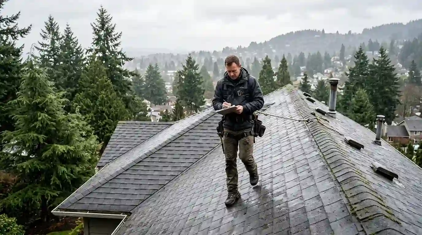 Roofer inspecting a steep roof before quoting the work