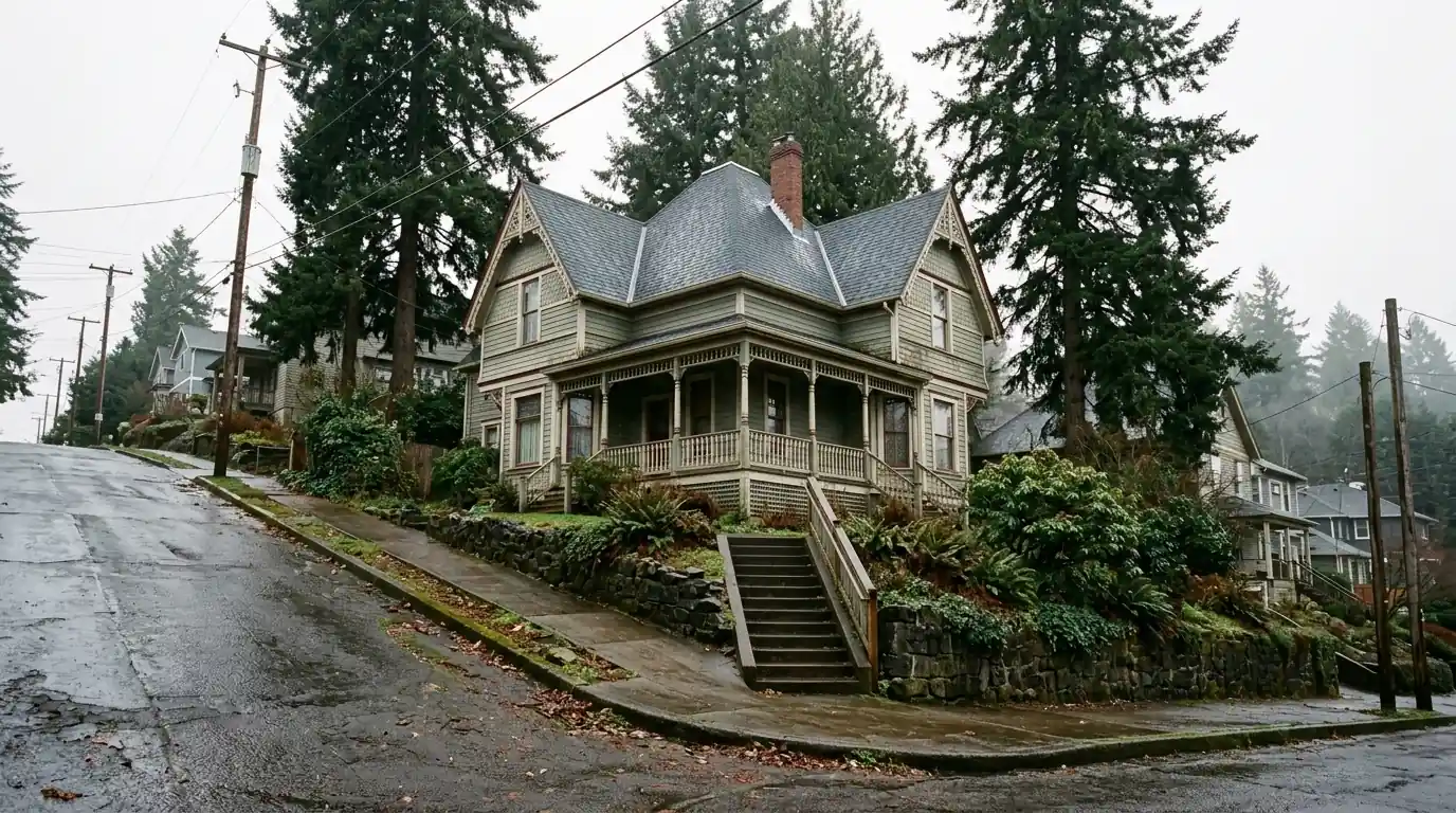 Victorian home with new shingle roof on a steep Oregon City street