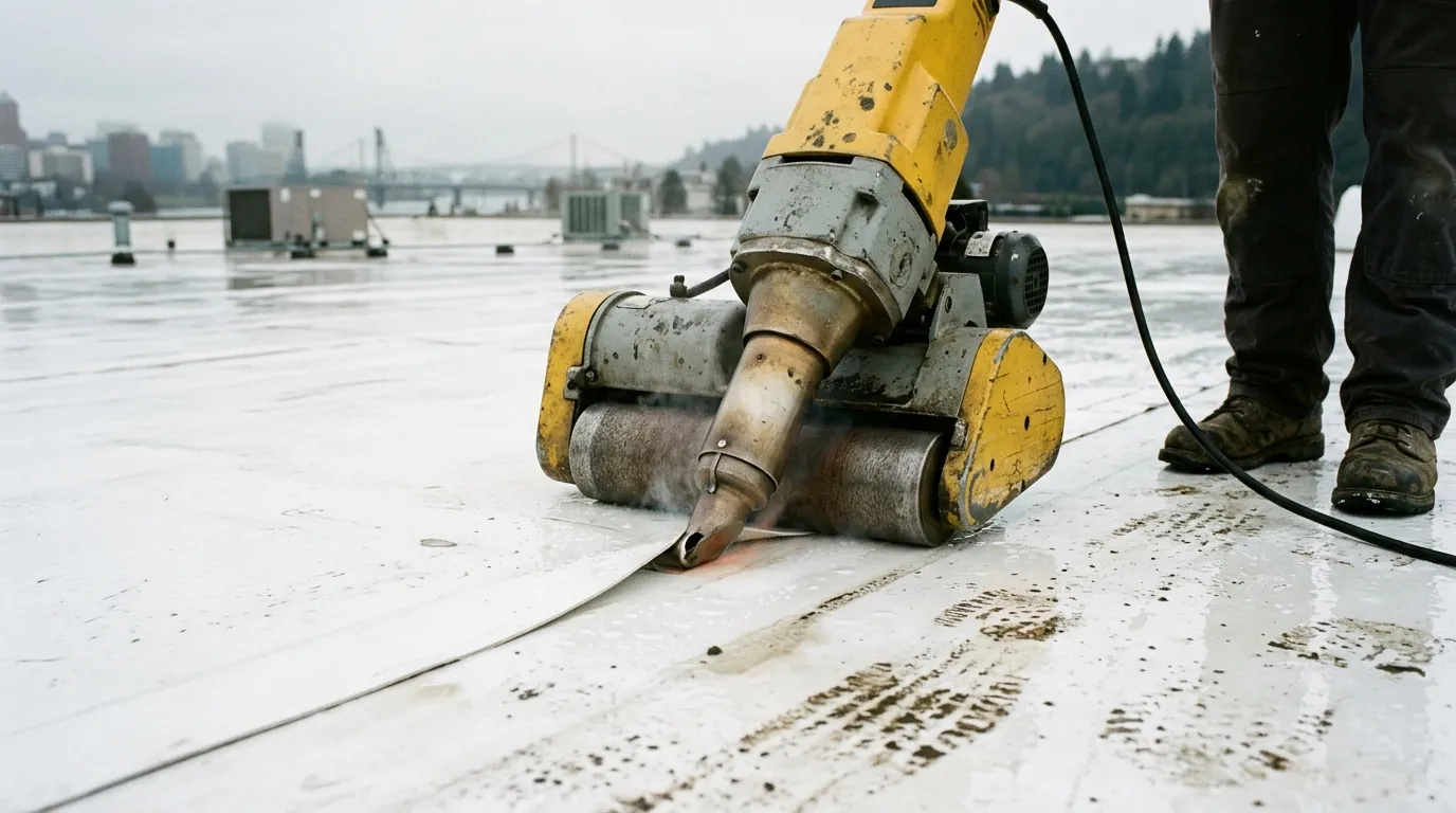 Hot air welder sealing a white TPO roof seam in Portland