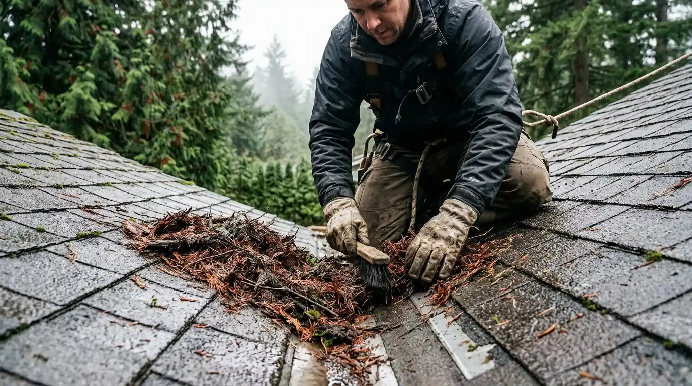 Clearing fir needles from a roof valley