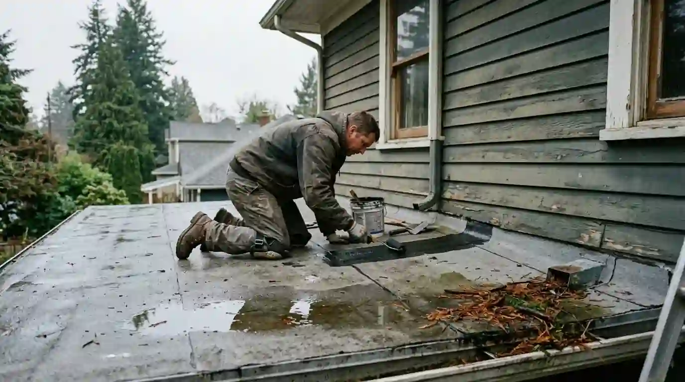 Roofer patching a seam on a wet flat roof over a Portland porch