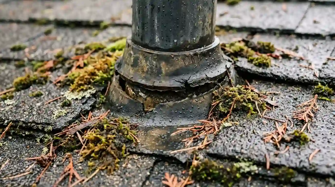Cracked rubber pipe boot around a plumbing vent on wet shingles