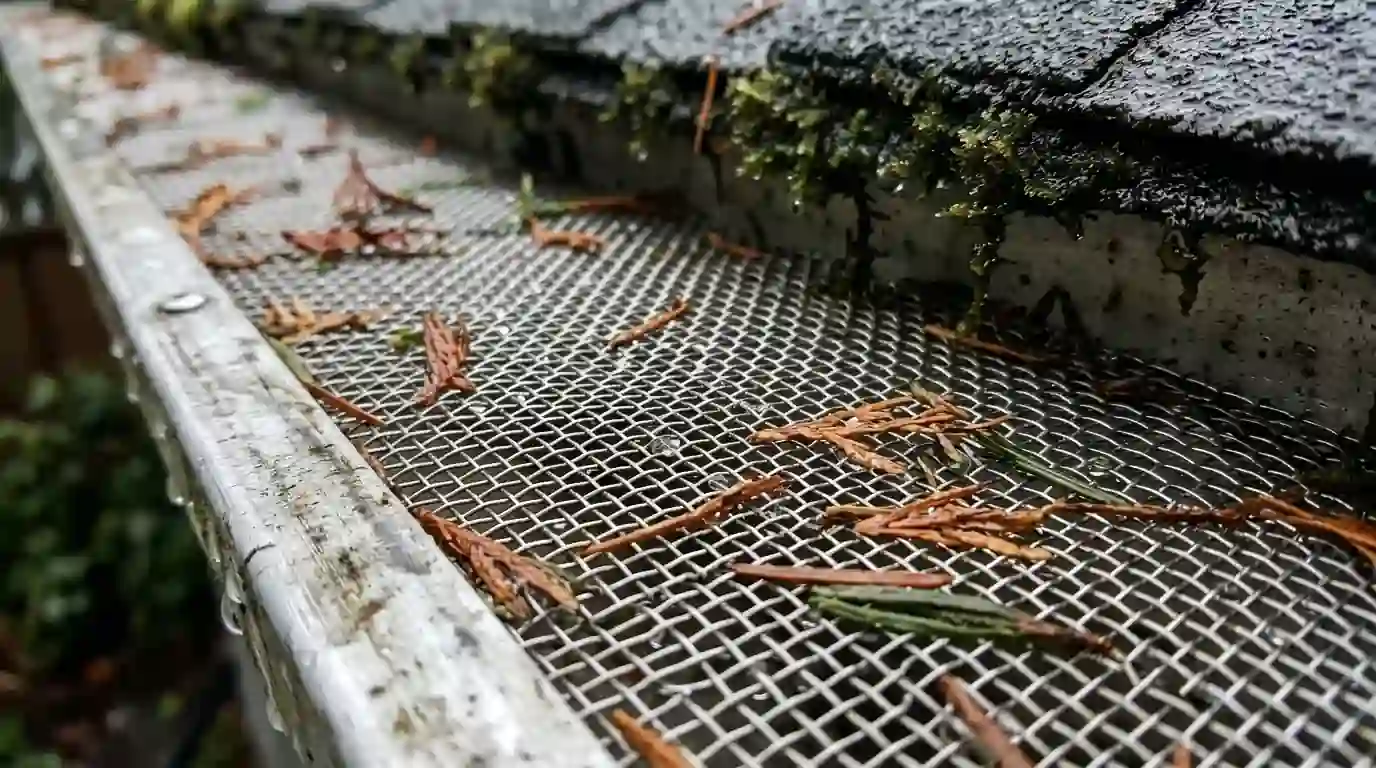 Fine stainless mesh gutter guard covered with a few fir needles