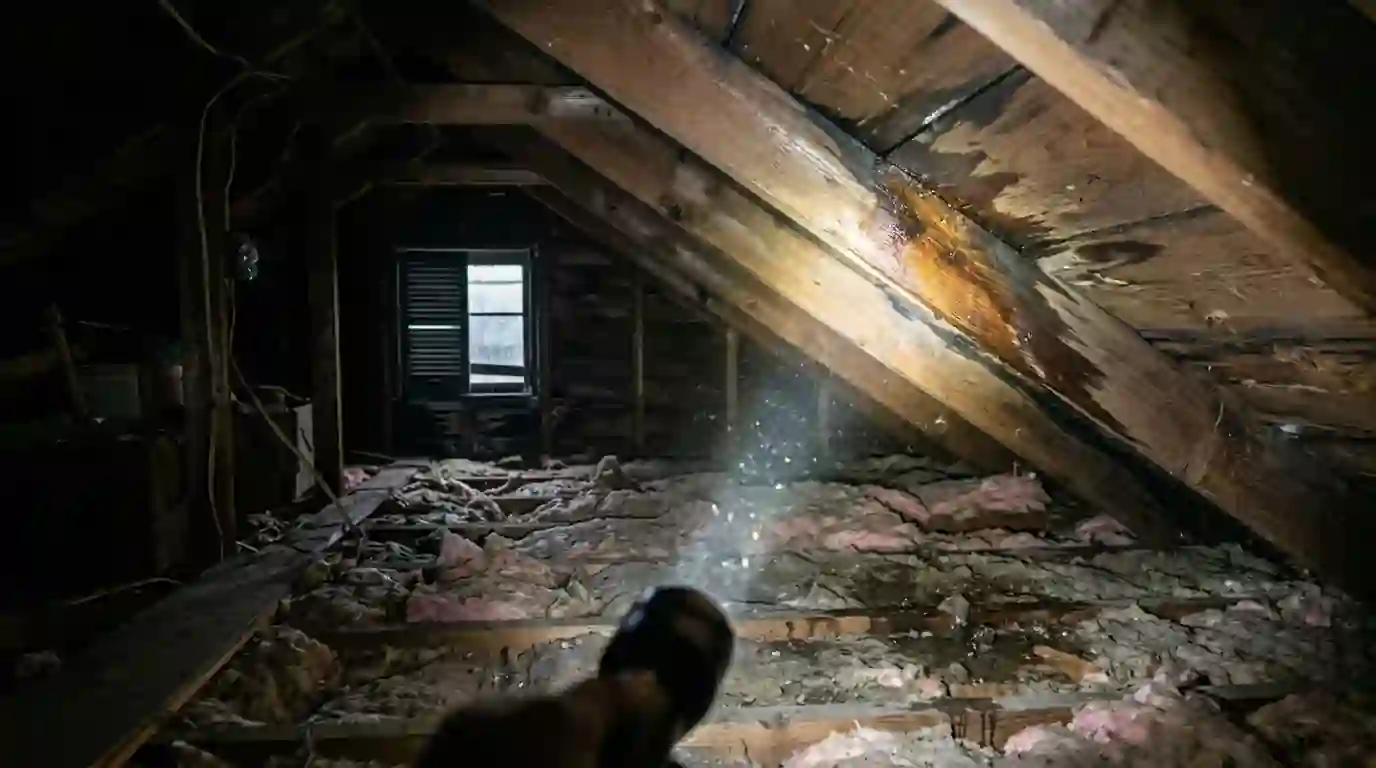 Flashlight beam on water stained roof decking inside a Portland attic