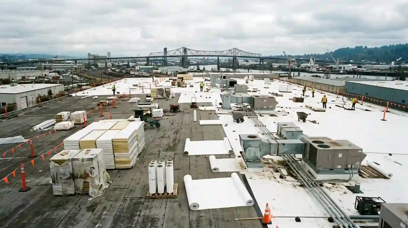 Crew installing a new white membrane on a Portland warehouse roof