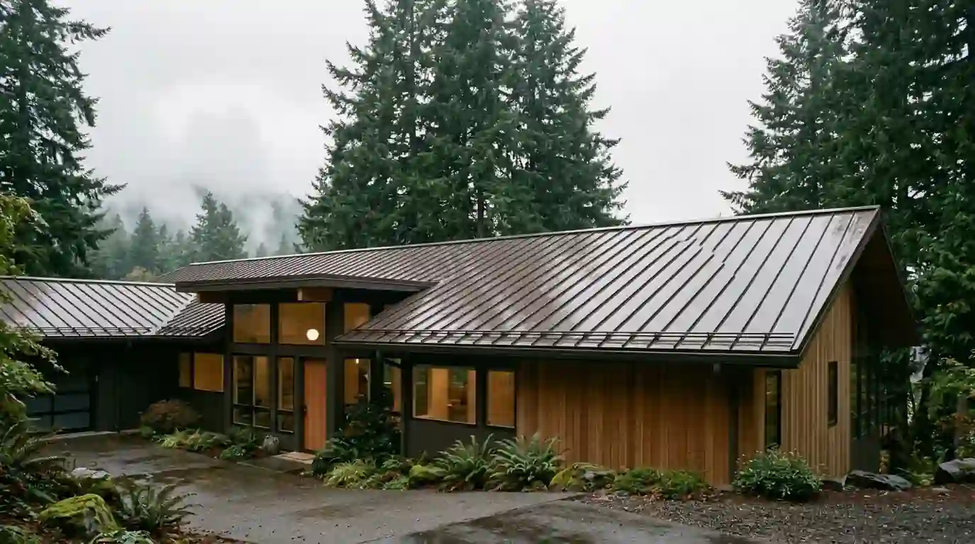 Dark bronze standing seam metal roof on a modern Portland home