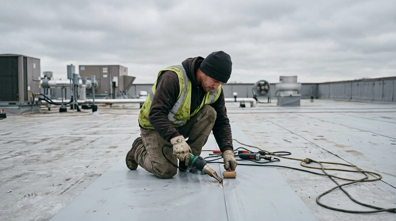 Heat welding a TPO seam on a flat roof