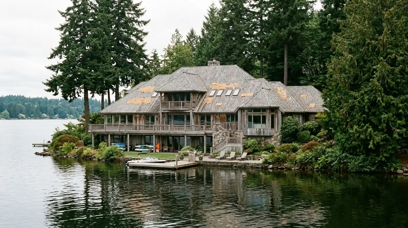 Cedar shake roof on a lakeside home surrounded by tall firs