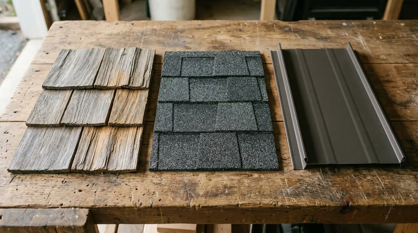 Cedar shake, shingle and metal samples