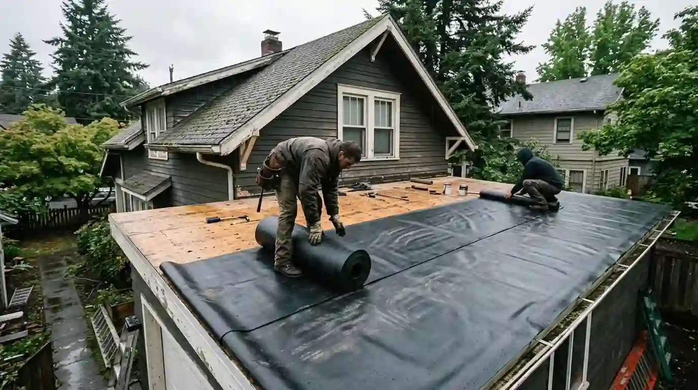 Unrolling EPDM membrane on a garage roof