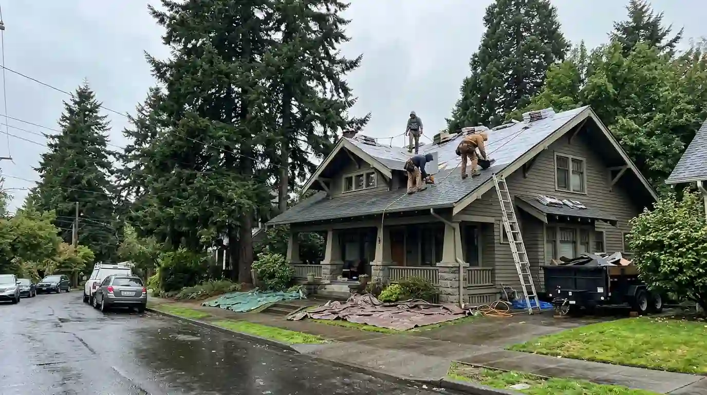 Roofer laying new architectural shingles on a Portland Craftsman house