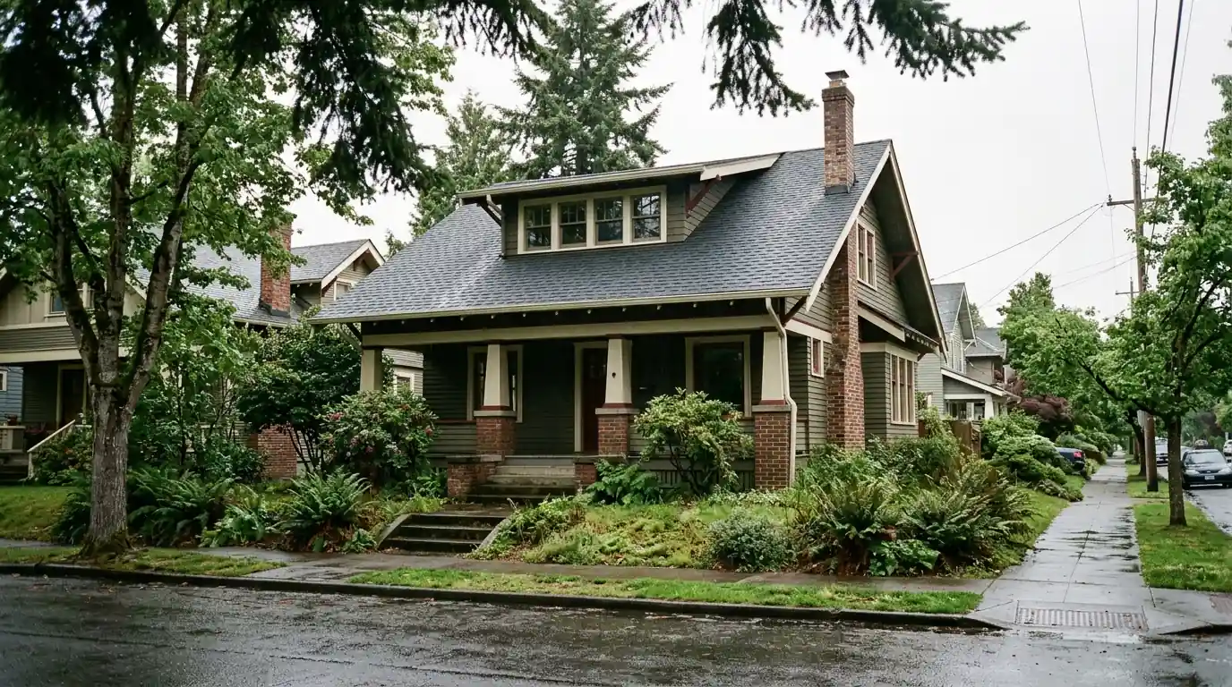 Craftsman bungalow in Northeast Portland with new charcoal shingles and wide eaves