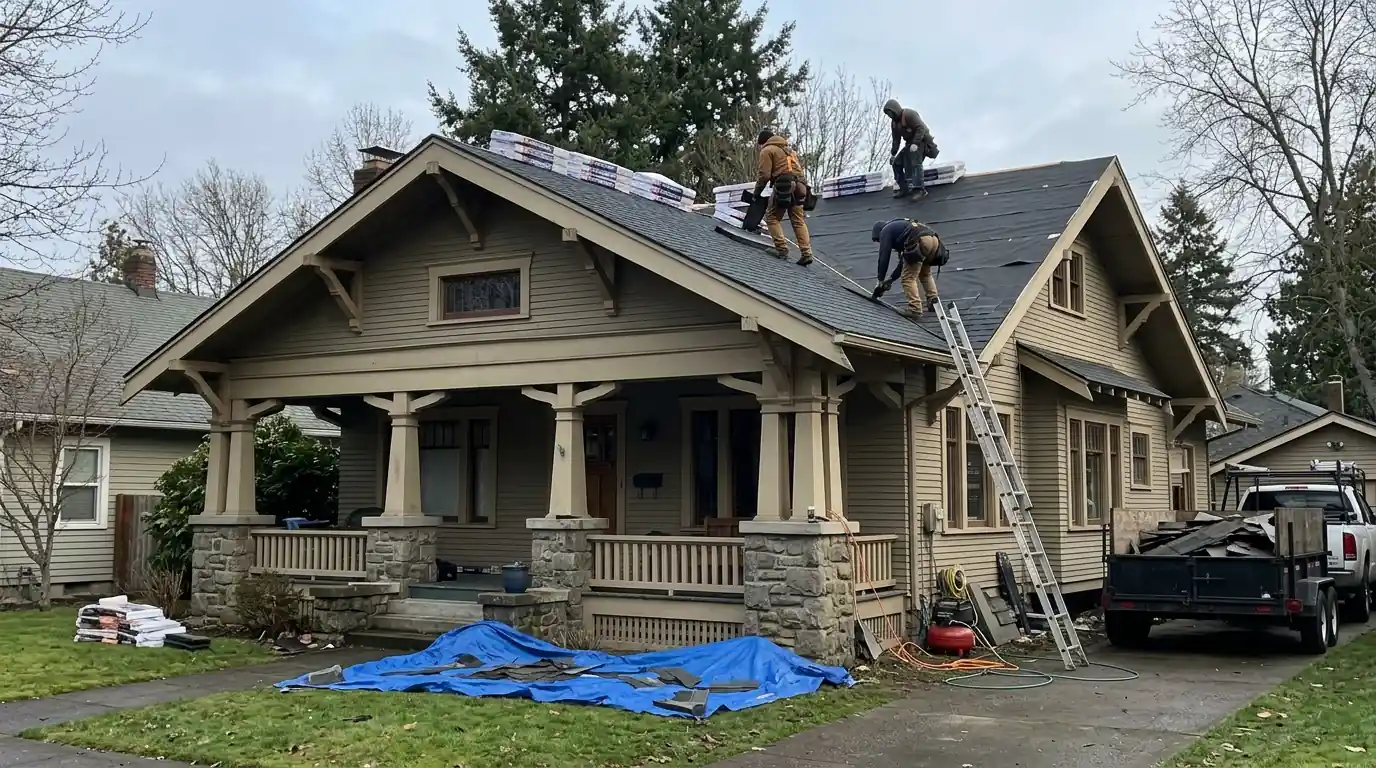 Craftsman bungalow with exposed rafter tails getting new shingles