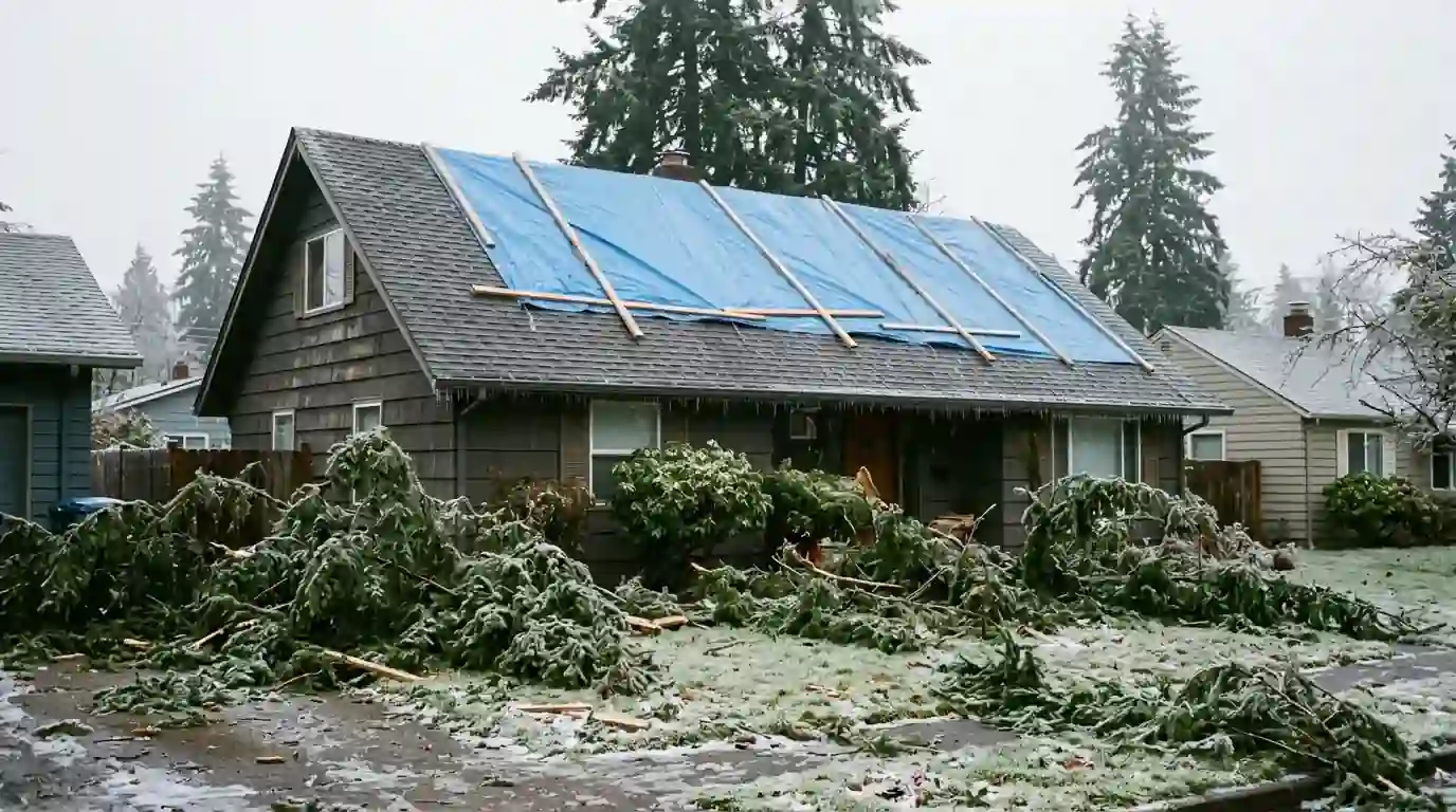 Blue tarp secured over a storm damaged roof after an ice storm in Portland