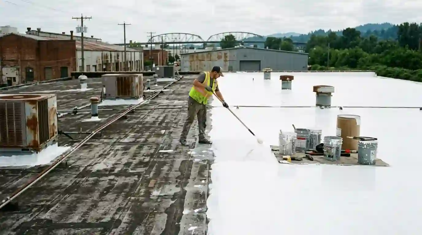 Roofer replacing worn shingles on a gray Craftsman roof in light rain