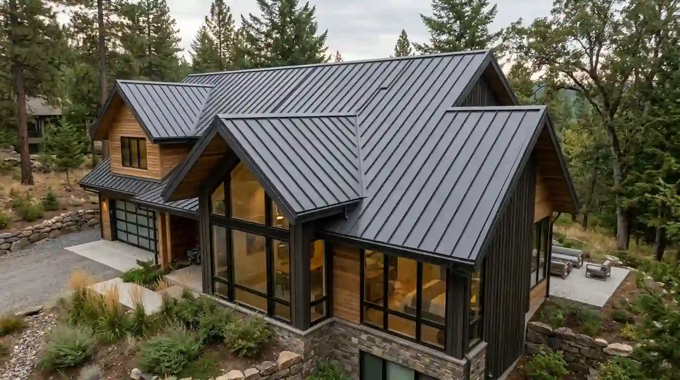Charcoal standing seam metal roof in the rain
