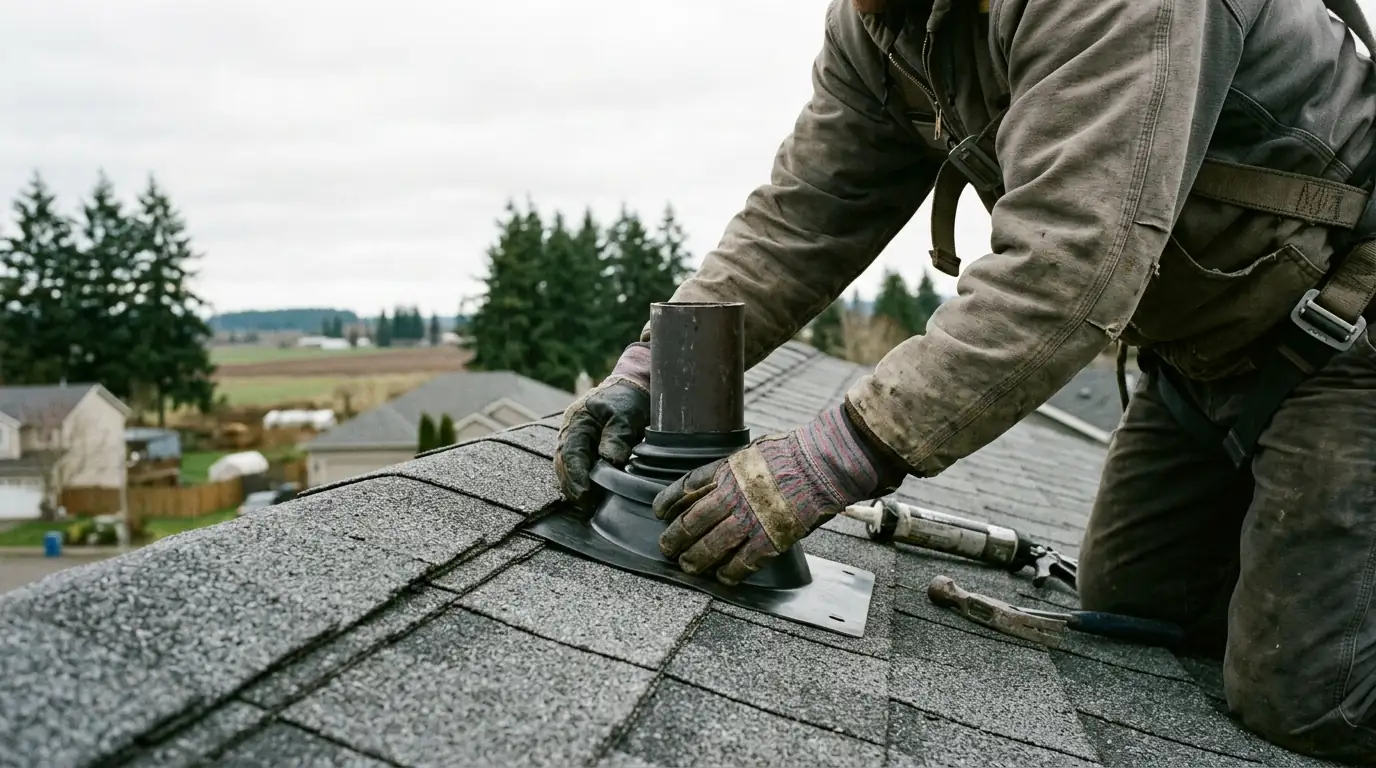 Roofer replacing a cracked pipe boot on a suburban shingle roof