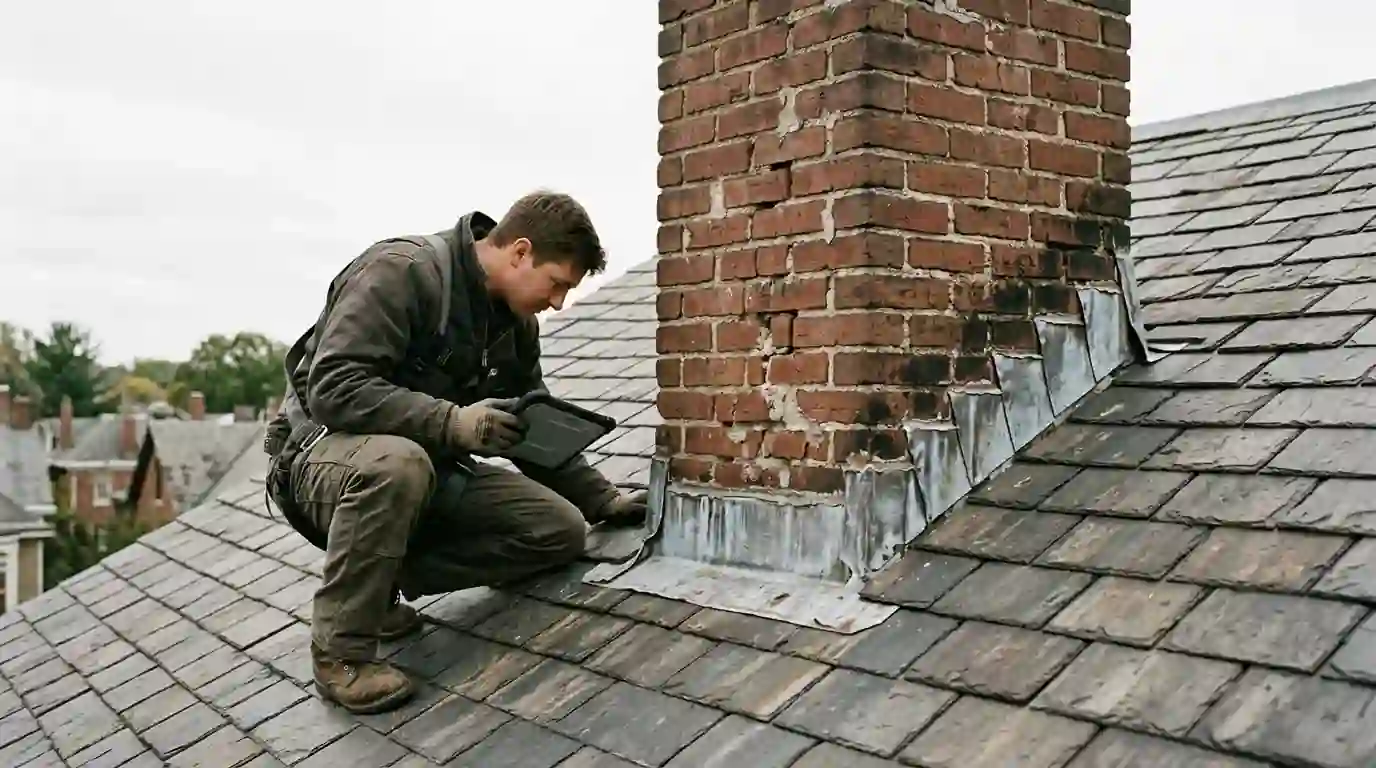 Roofer photographing chimney flashing during a home roof inspection