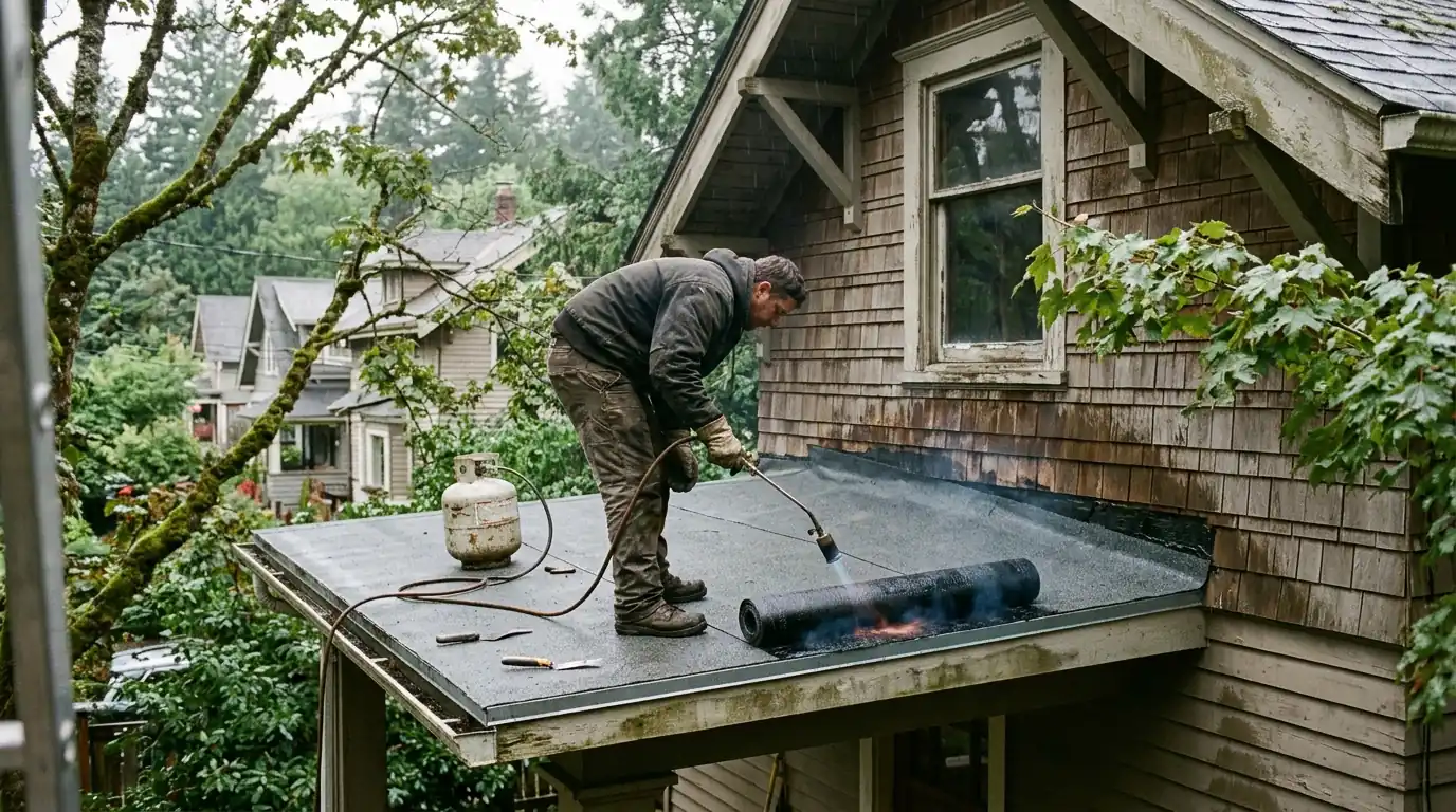 Roofer torching modified bitumen cap sheet on a Portland porch roof