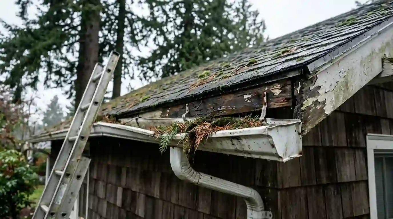 Sagging aluminum gutter pulled from fascia on a wet older house