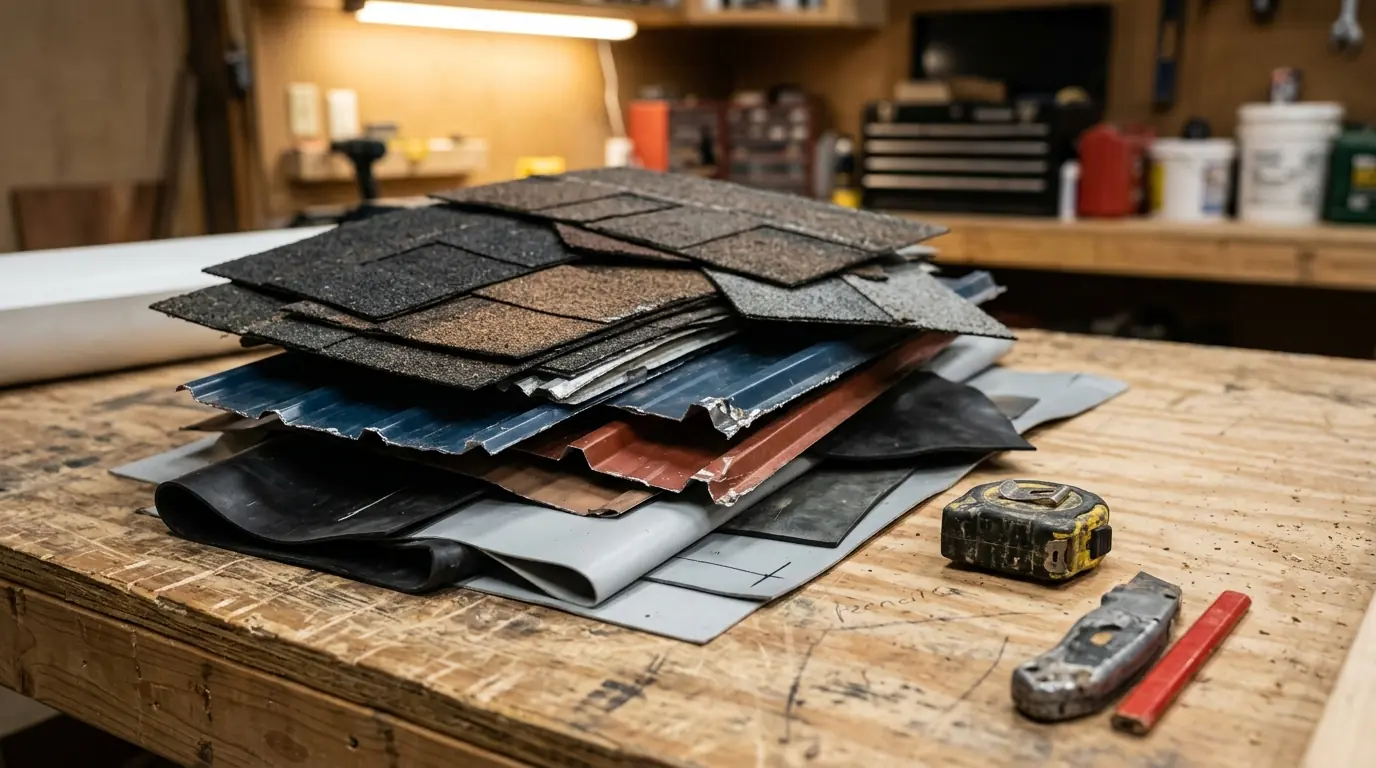 Roofing material samples laid out on a workbench