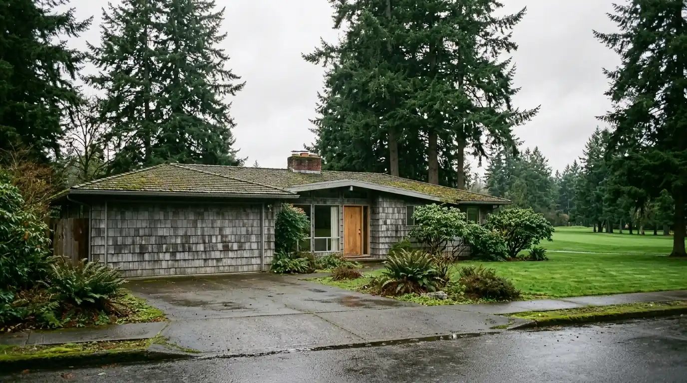 Single level home with worn cedar shake roof under tall fir trees