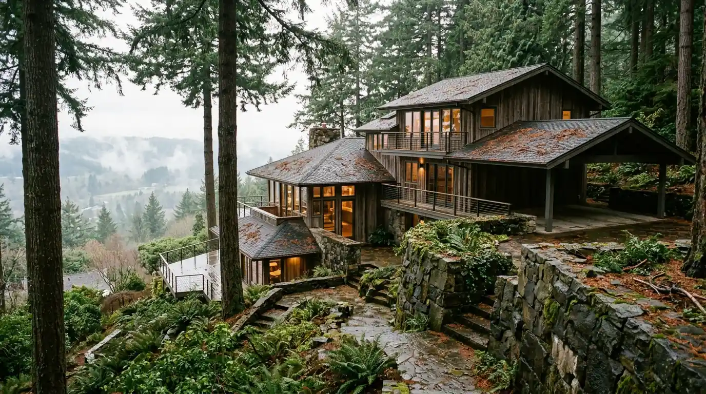 Large hillside home in the West Hills under tall Douglas firs