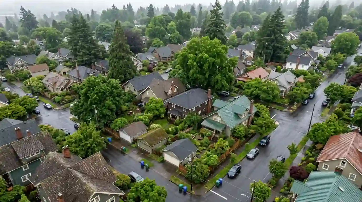 Aerial view of mixed roof types in a Portland neighborhood