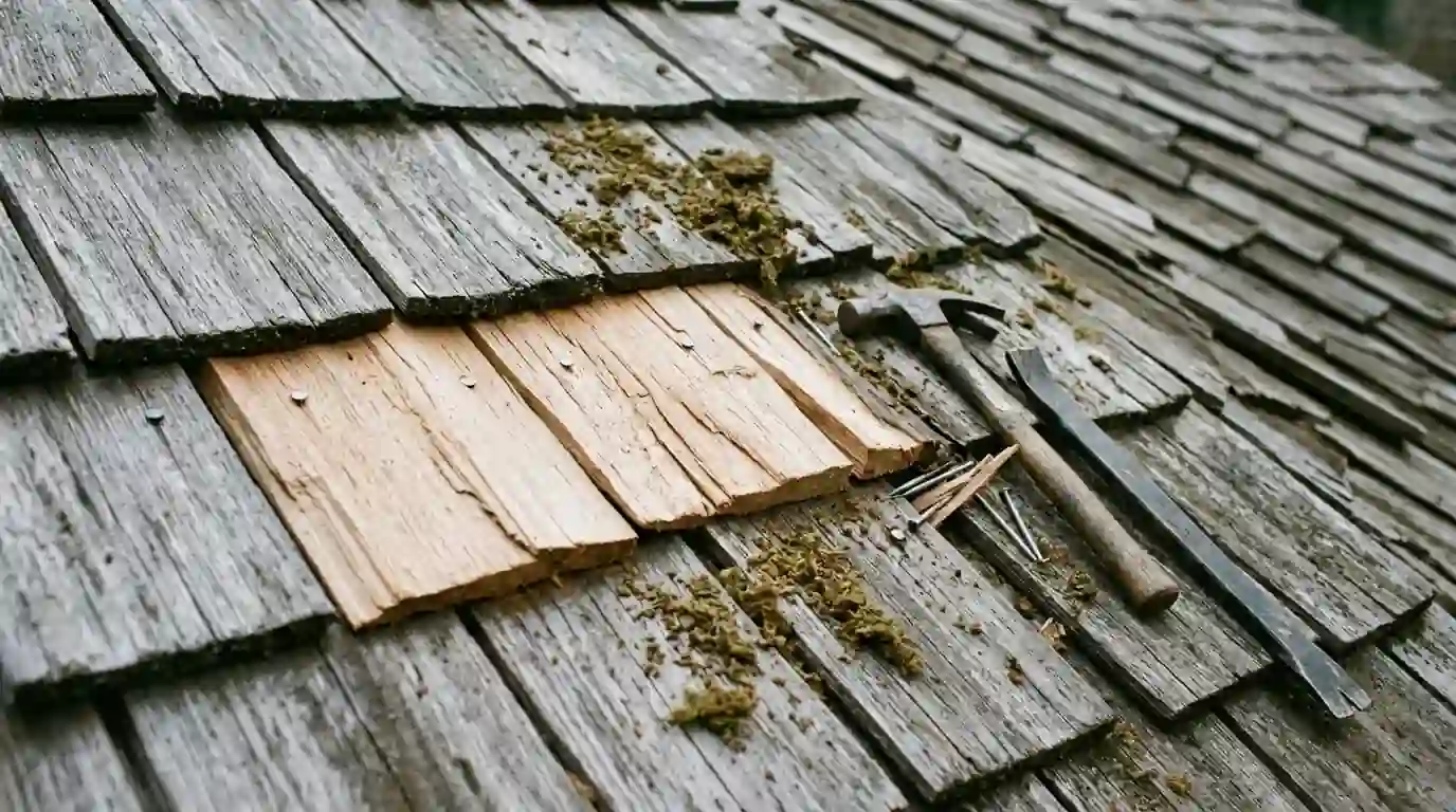 Roofer replacing split cedar shakes on a weathered gray shake roof