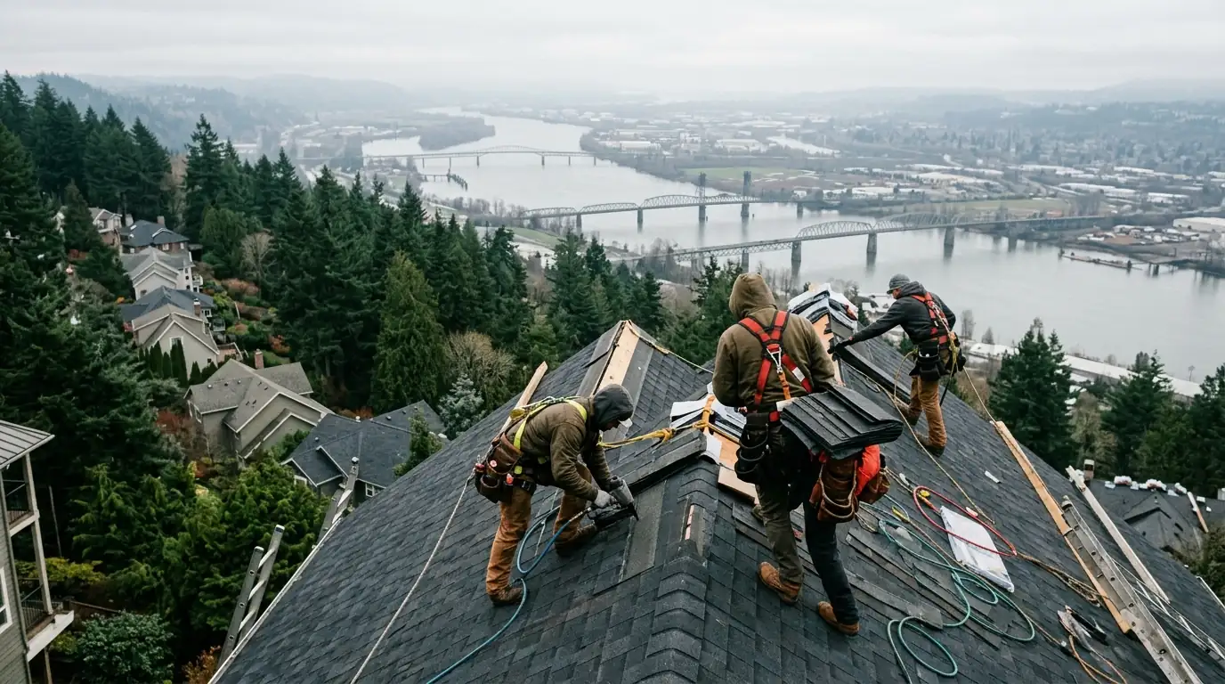 Crew roofing a hillside home above the river