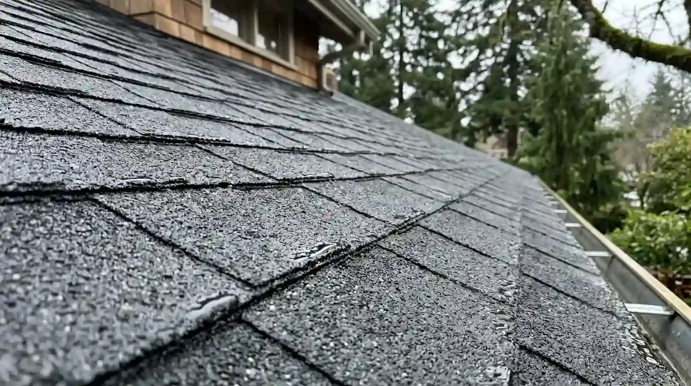 New dark gray architectural shingles on a wet Portland bungalow roof
