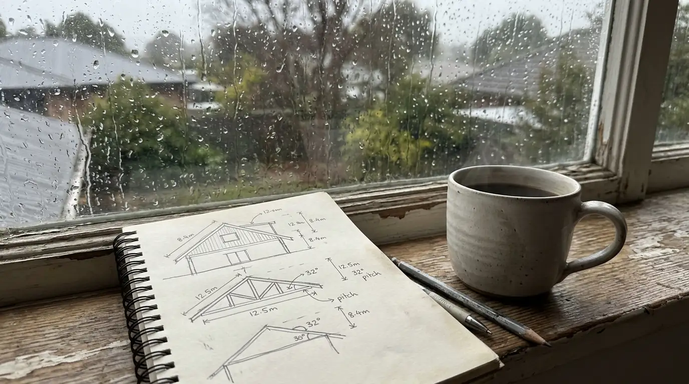 Hand drawn roof sketch in a notebook