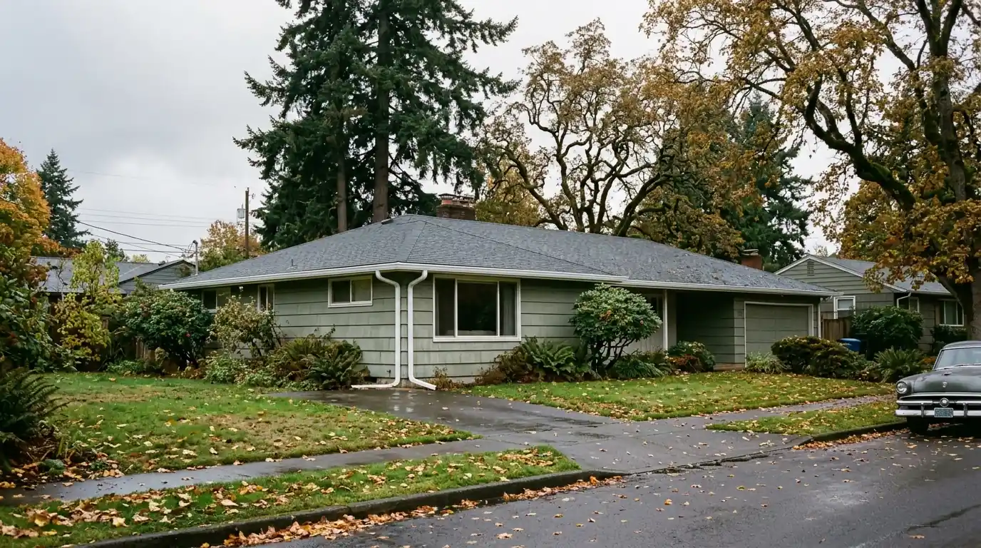 Postwar ranch house in Southeast Portland with new gutters and dark shingles