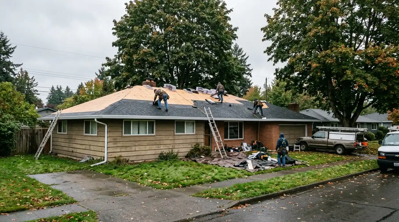 Crew installing new architectural shingles on a postwar ranch home in Milwaukie
