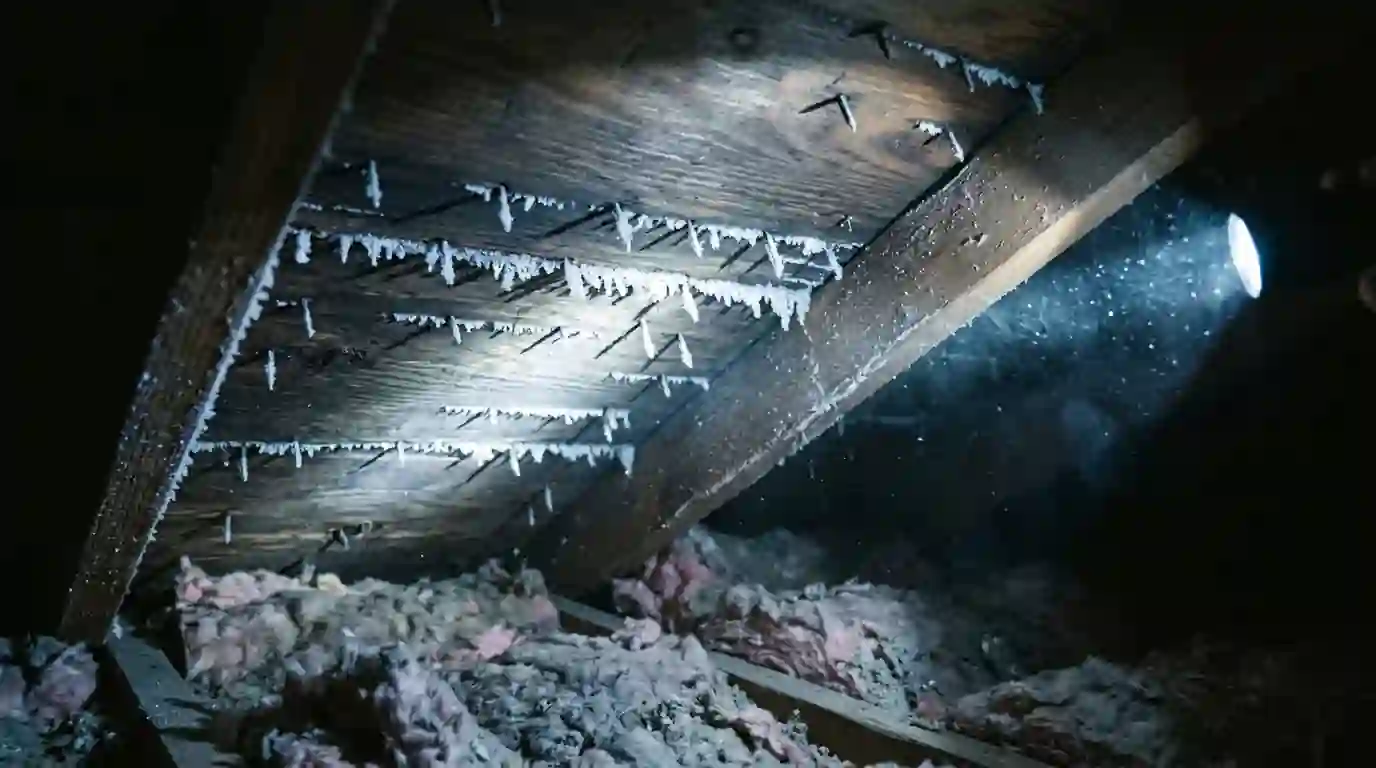 Frost on roofing nail tips along the underside of a cold attic roof deck