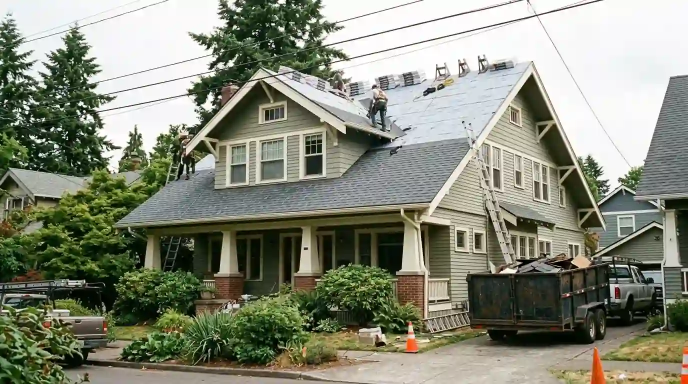 Roofers laying new architectural shingles on a two story Portland Craftsman