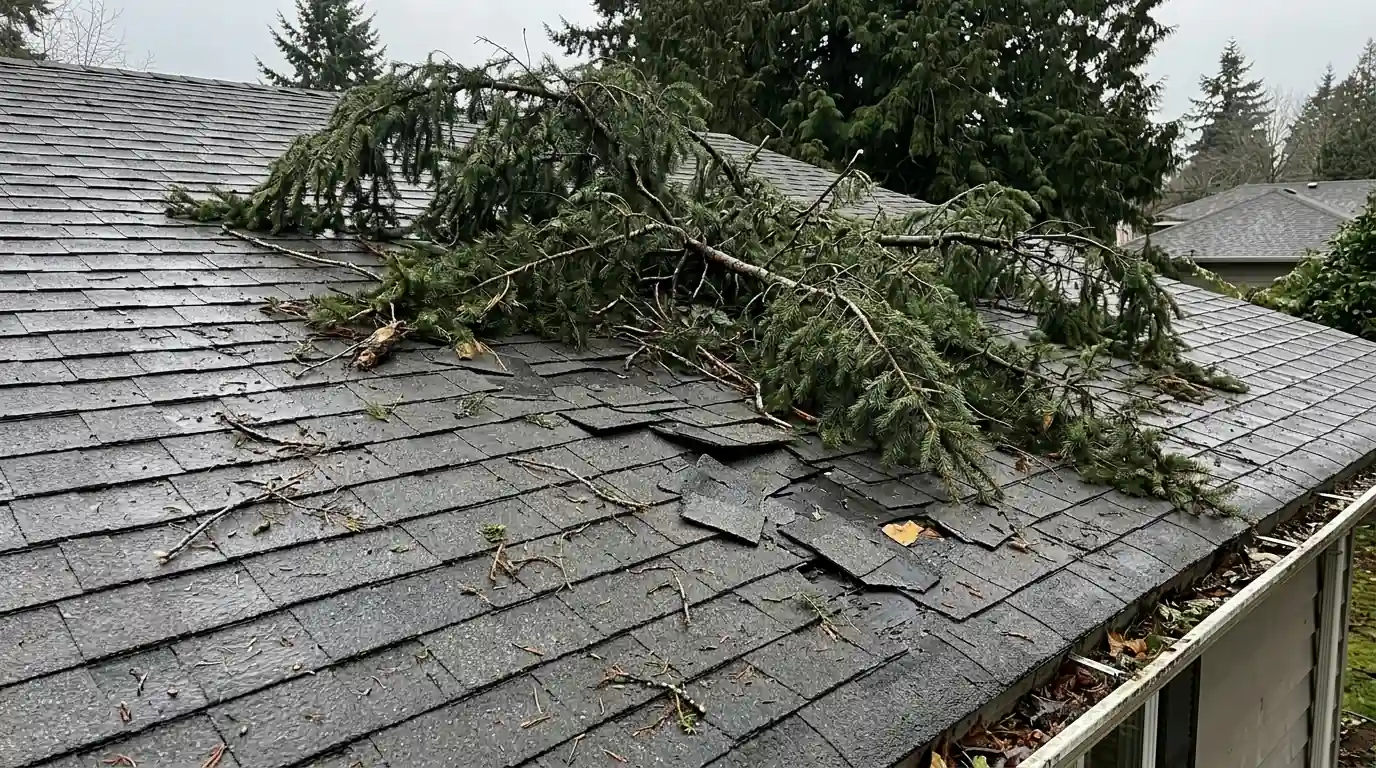 Fallen fir branch across a shingle roof